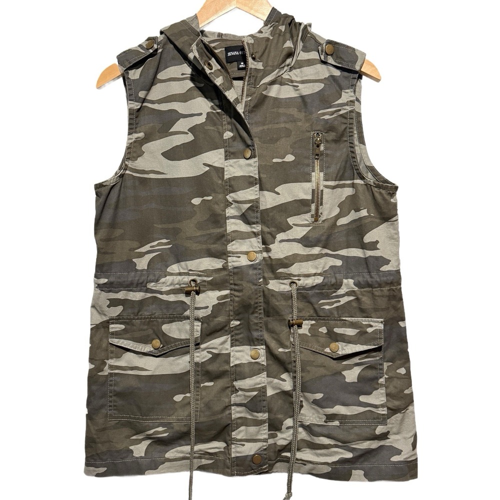 Zenana Outfitters Hooded Camo Sleeveless Vest Women's Size Medium 100% Cotton